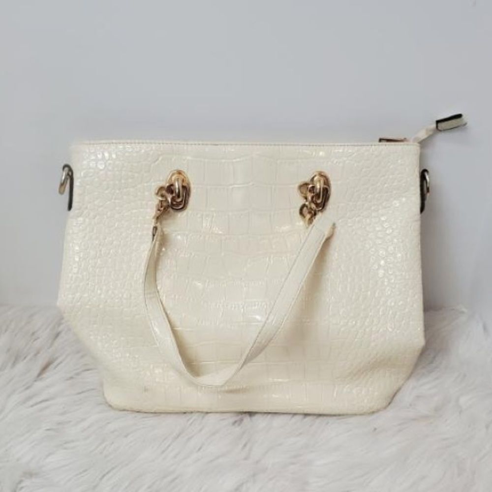 Glossy Croc Large Tote Purse Cream Gold Hardware